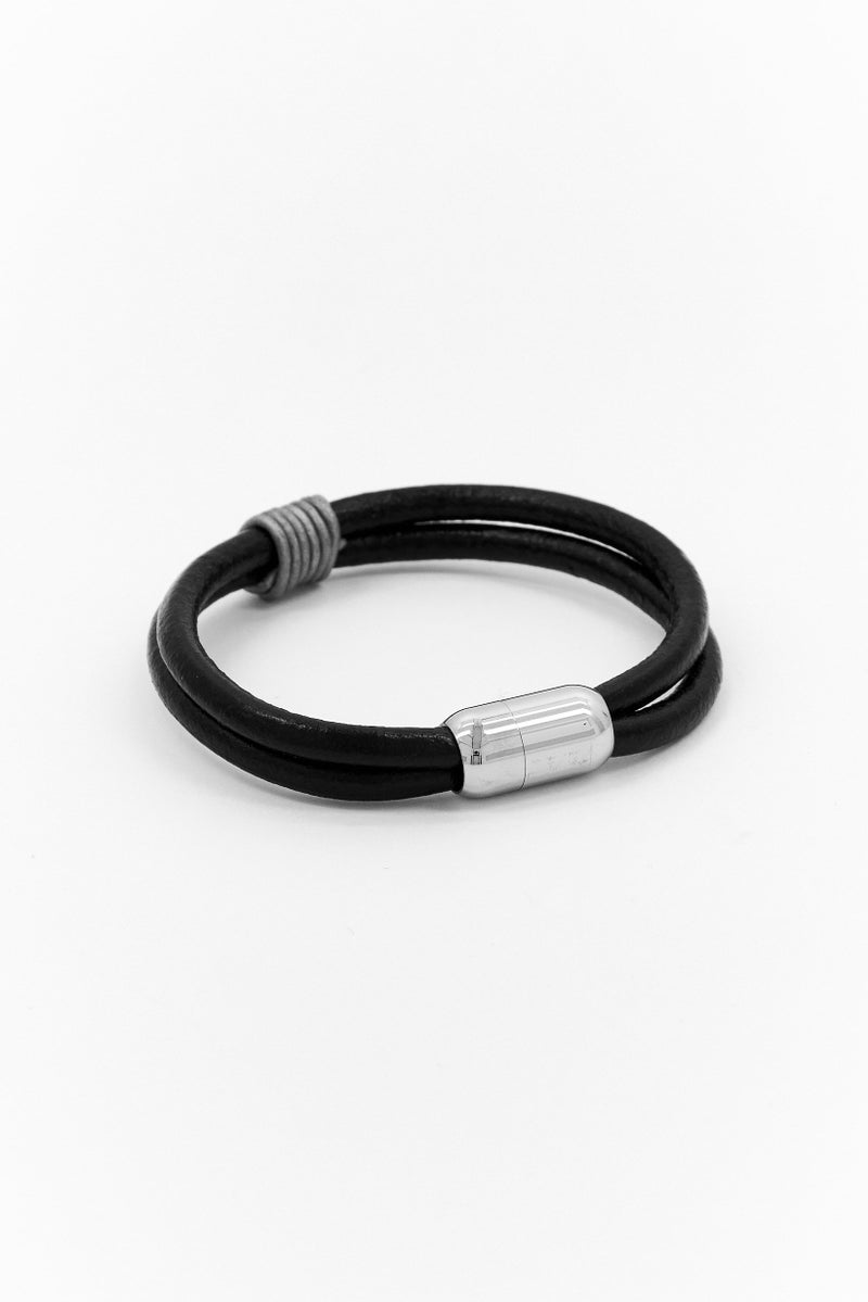 Steeltime Men Leather Bracelet With Stainless Steel Magnetic Clasp, Black - Image 2